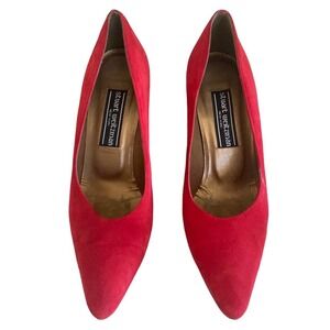 Vintage Stuart Weizmann Red Suede Gold Heel Dress Pumps - Size 7W